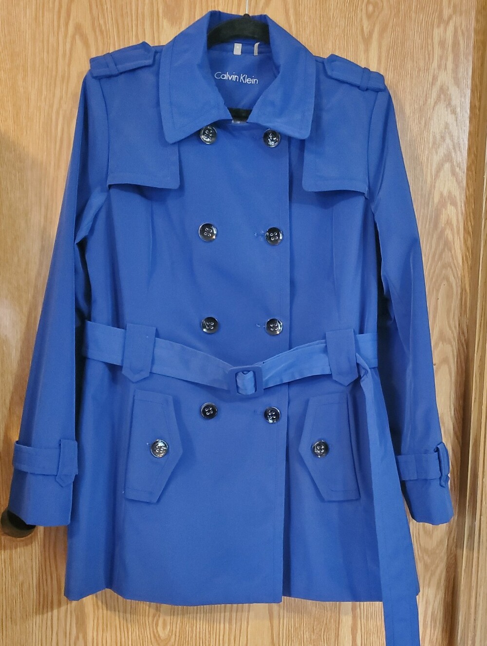 Calvin Klein Women's Blue Double-Breasted Belted Trench Coat Size M